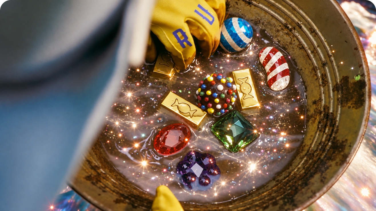 Candy Crush gold bars and candies in a prospector pan