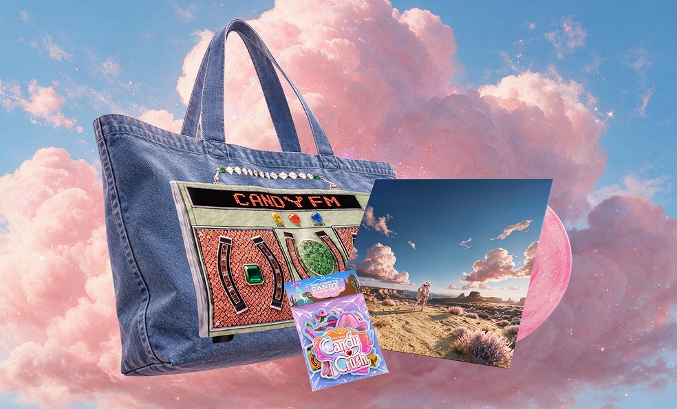 Candy Crush vinyl bundle with tote bag, pink vinyl record and sticker pack